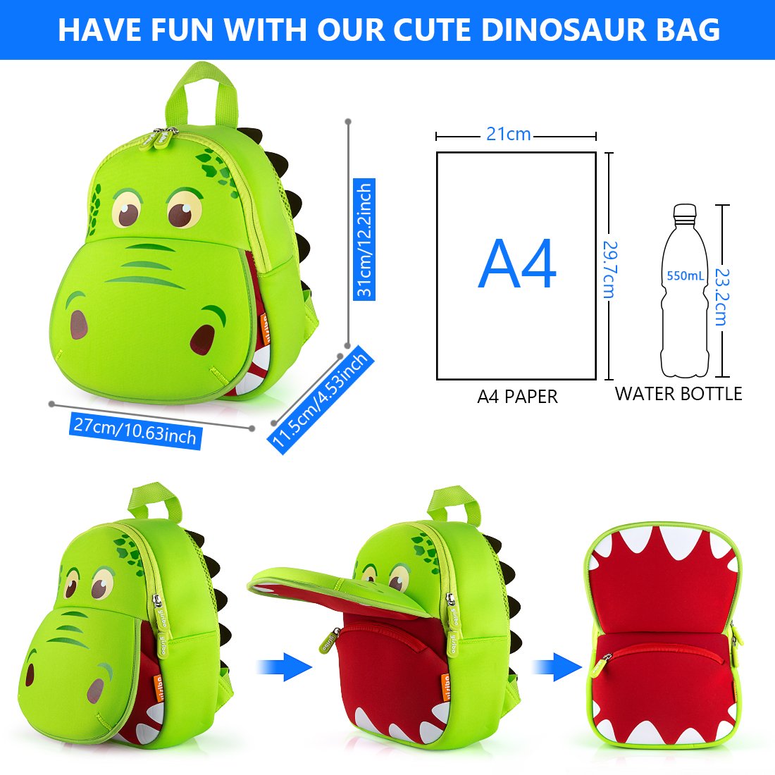yisibo Dinosaur Backpack Toddler Backpack for Boys Girls Waterproof Preschool Travel Kids Bookbag Backpack for 2-7 Years