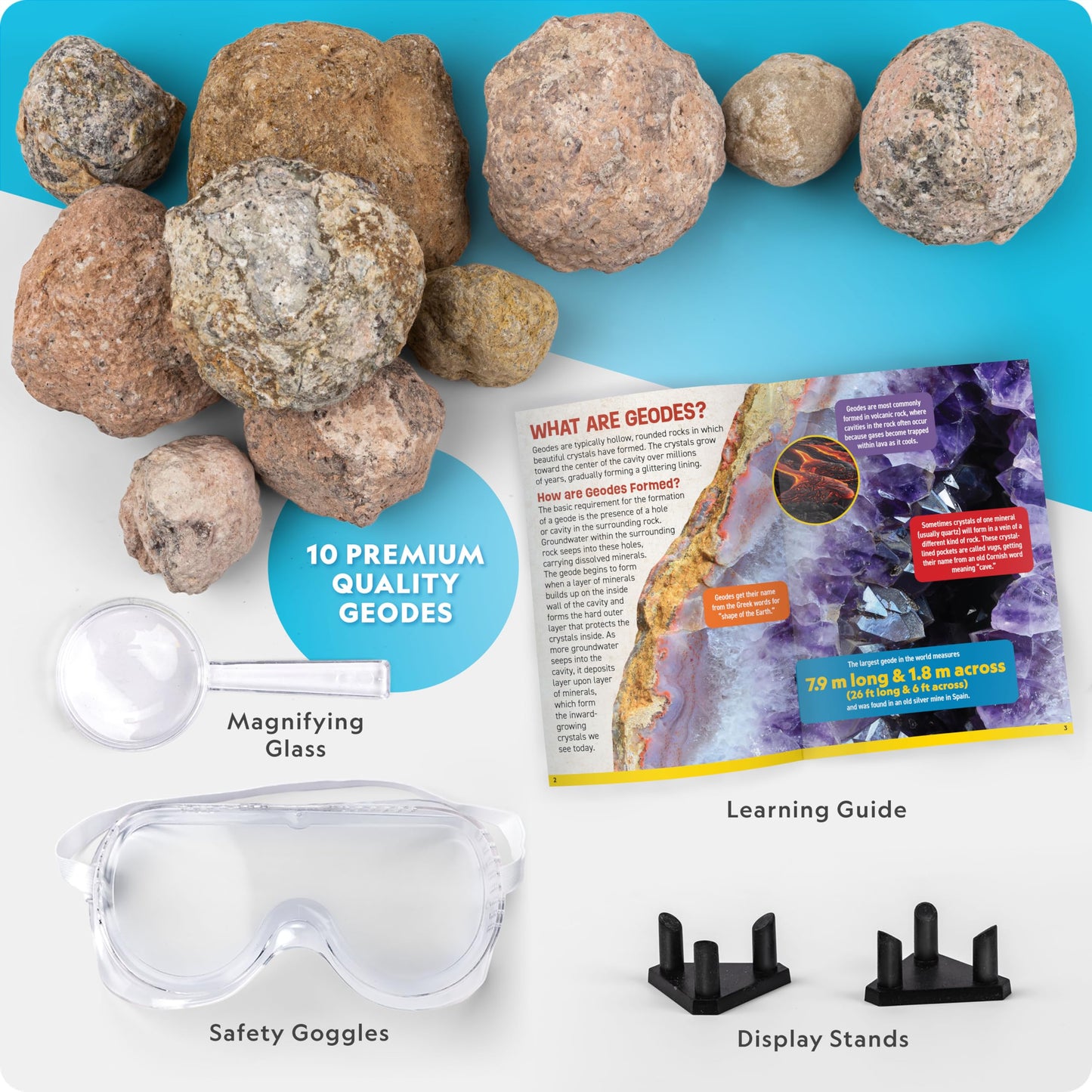 NATIONAL GEOGRAPHIC Break Open 10 Premium Geodes – Includes Goggles and 2 Display Stands - Great STEM Science Kit, Geology Gift for Kids, Break Your Own Geodes with Crystals, Toys for Boys and Girls