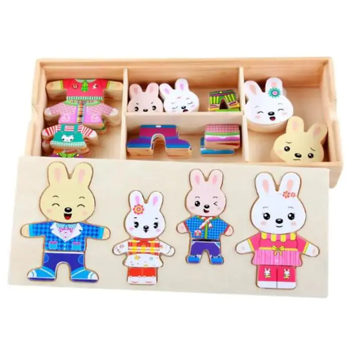 Wooden four rabbits changing clothes and dressing Puzzle for kids